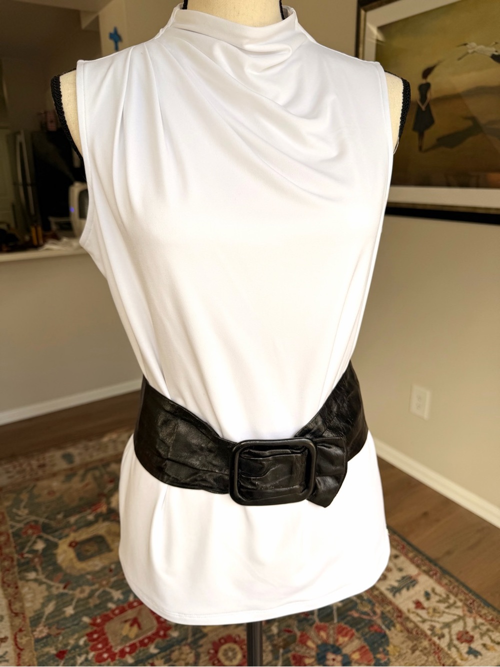 Vintage Black Leather Wide Waist Belt Covered Buckle 80s 90s